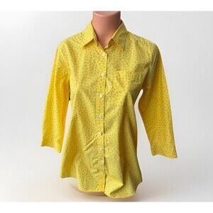 Lands End Yellow Floral Button Up Tunic Shirt Size 6 No Iron Supima 3/4 Sleeve